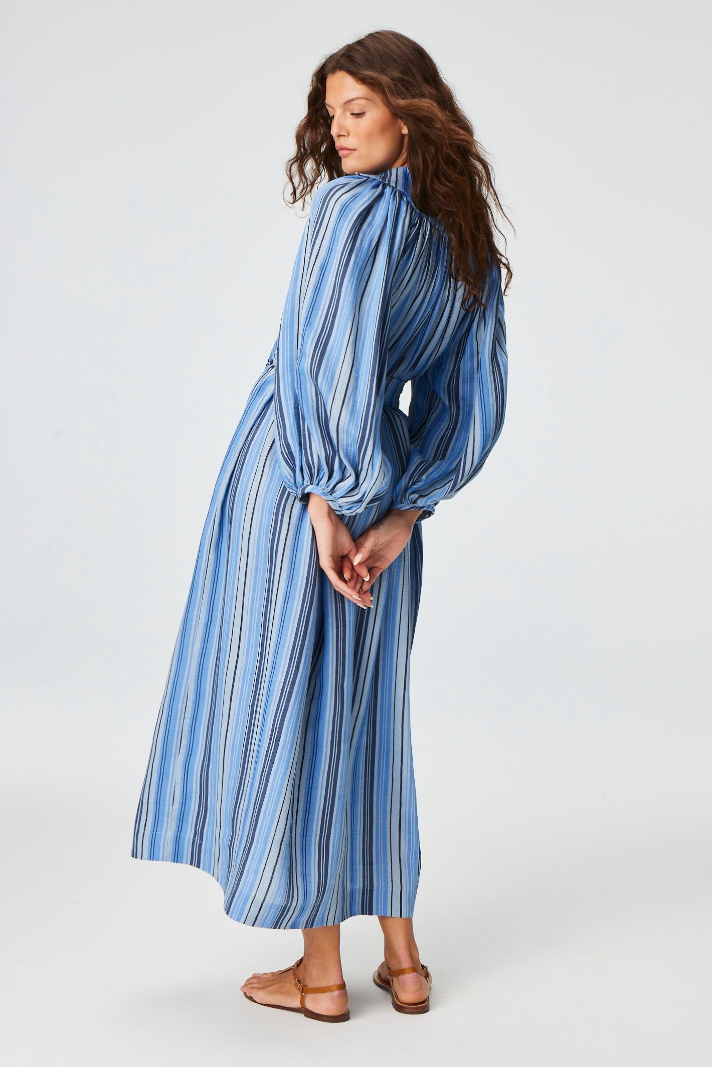 THE POET DRESS in SEA STRIPED LINEN