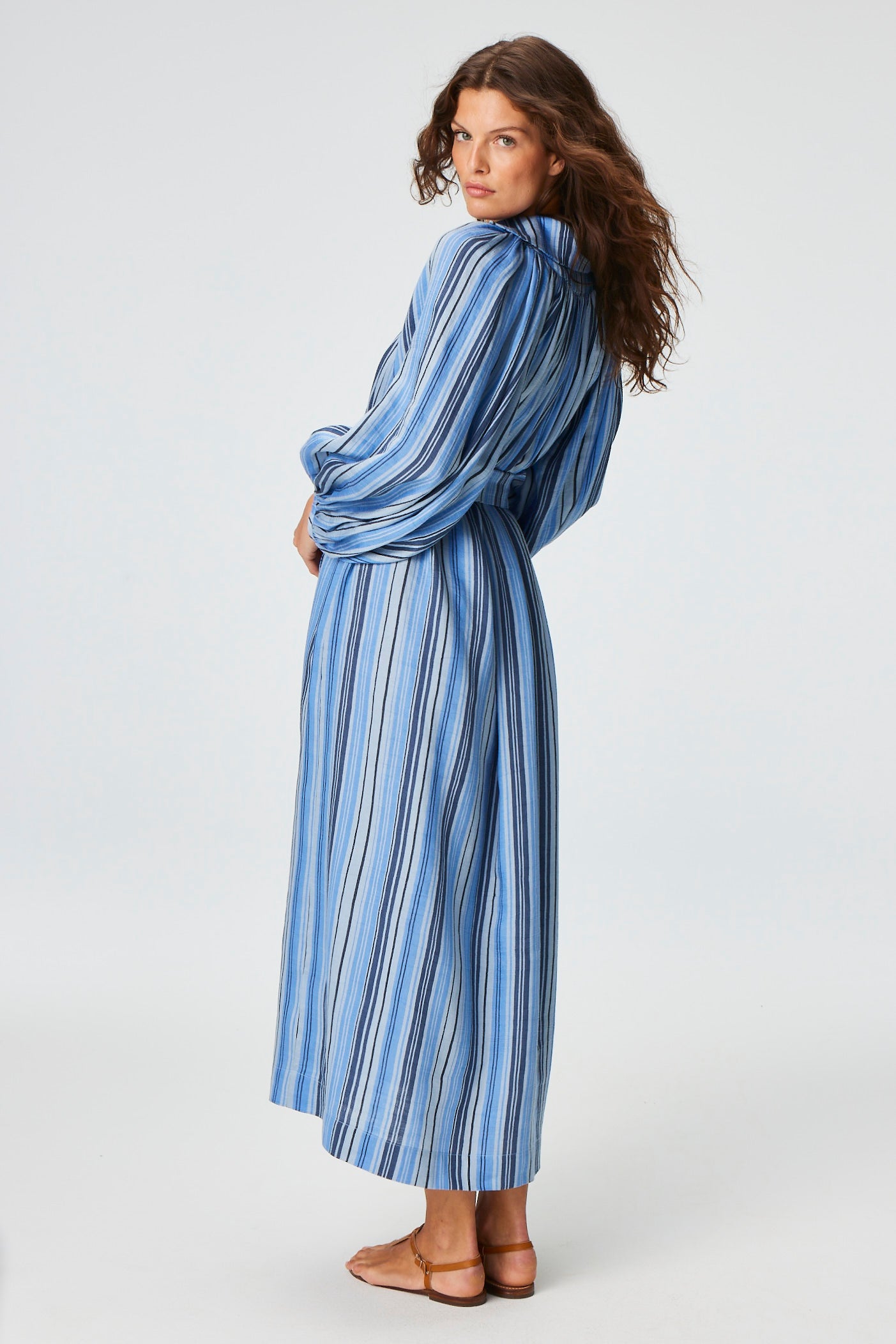 THE POET DRESS in SEA STRIPED LINEN