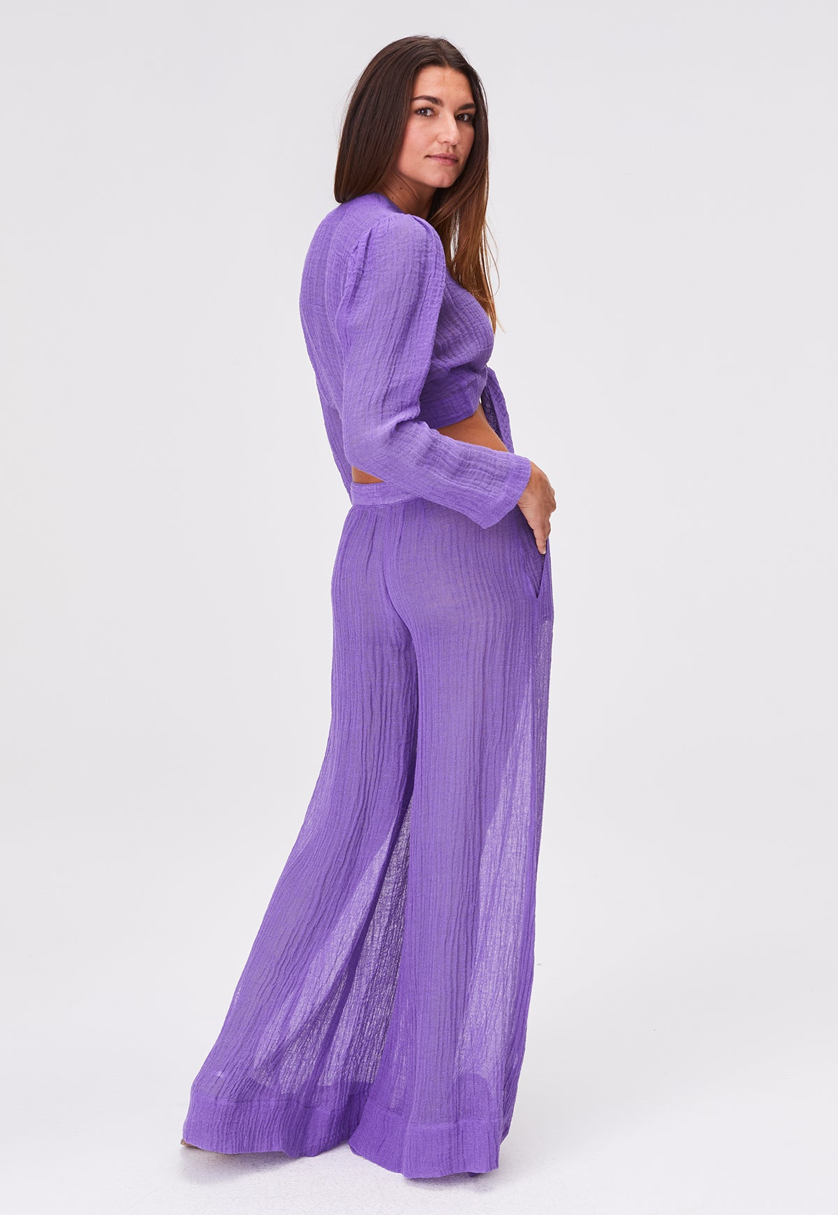THE LOW-WAIST WIDE LEG PANT in LAVENDER SORRENTO GAUZE