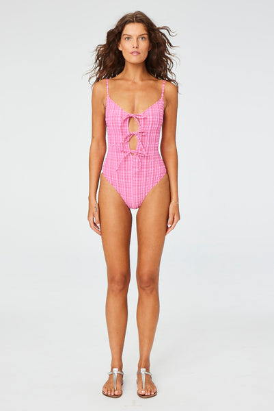 THE THREE TIE MAILLOT in FUCHSIA STRIPED SEERSUCKER