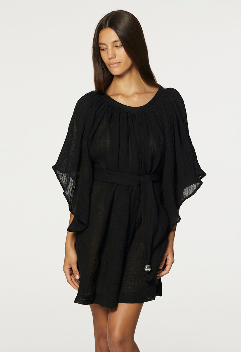 THE ANGEL SLEEVE MINI DRESS in BLACK GAUZE