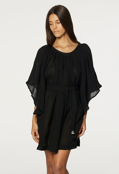 THE ANGEL SLEEVE MINI DRESS in BLACK GAUZE