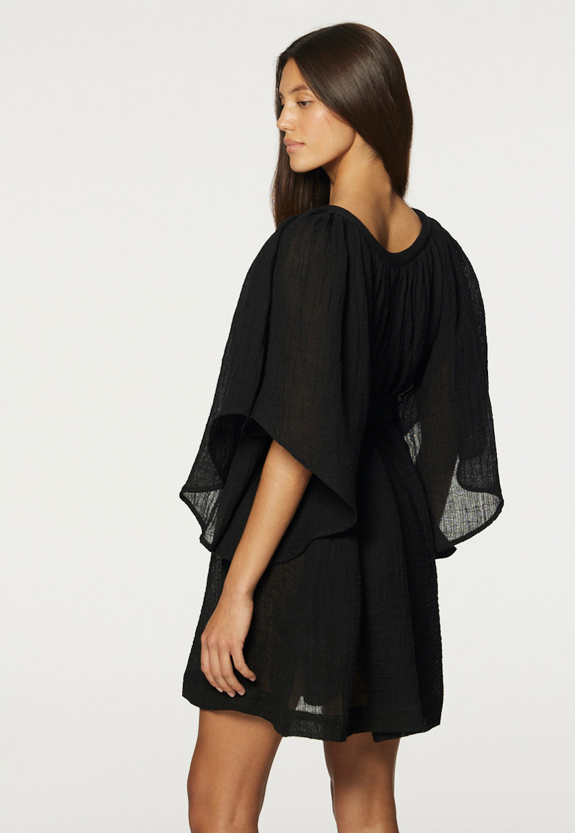 THE ANGEL SLEEVE MINI DRESS in BLACK GAUZE