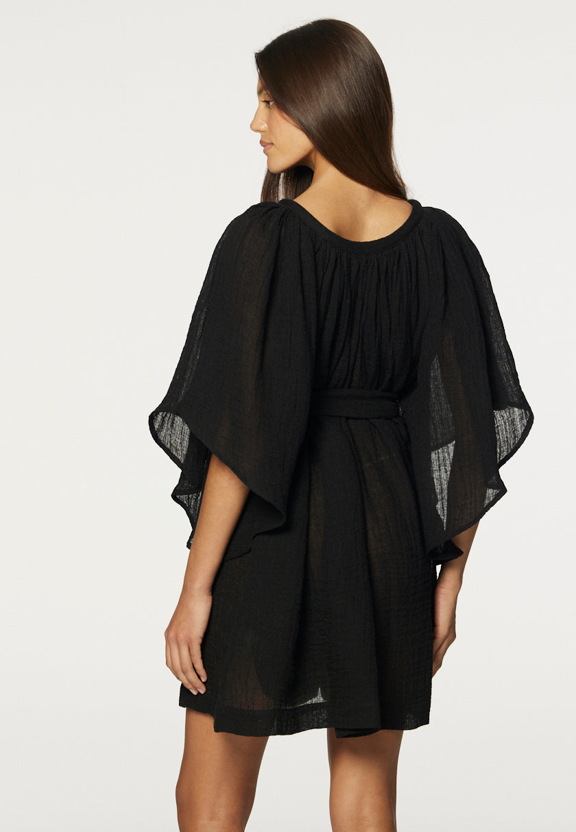 THE ANGEL SLEEVE MINI DRESS in BLACK GAUZE