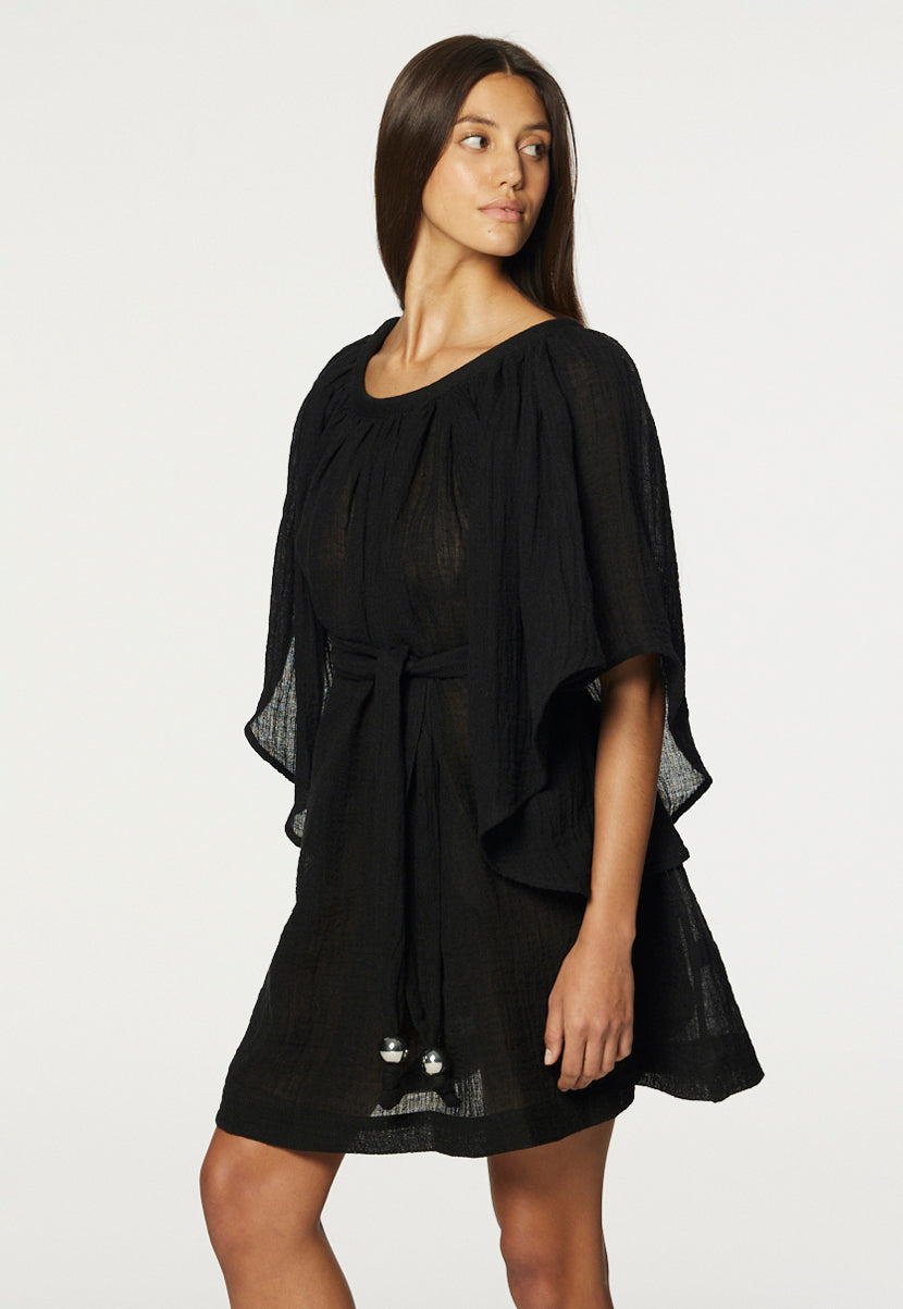 THE ANGEL SLEEVE MINI DRESS in BLACK GAUZE
