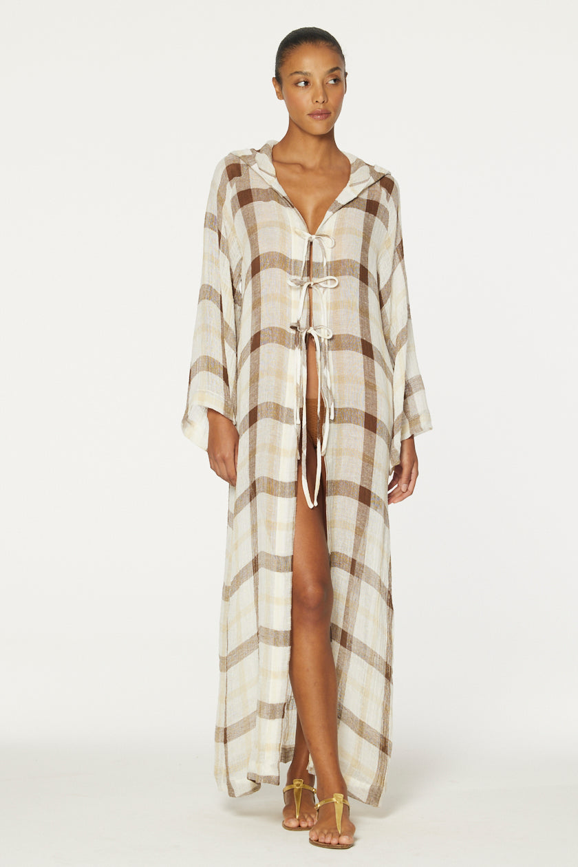 THE BEACH CAPE in CARAMEL WINDOWPANE GAUZE