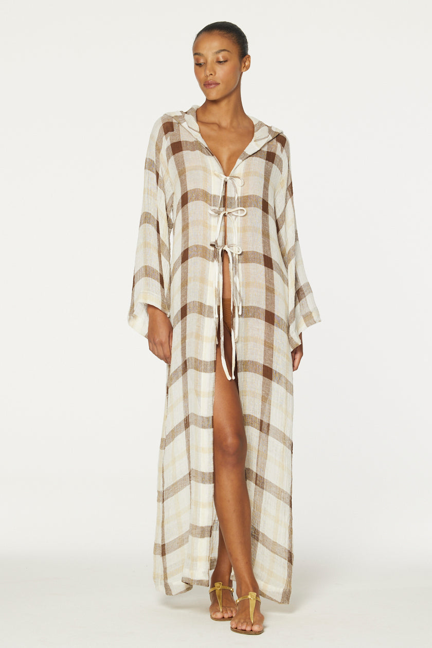 THE BEACH CAPE in CARAMEL WINDOWPANE GAUZE