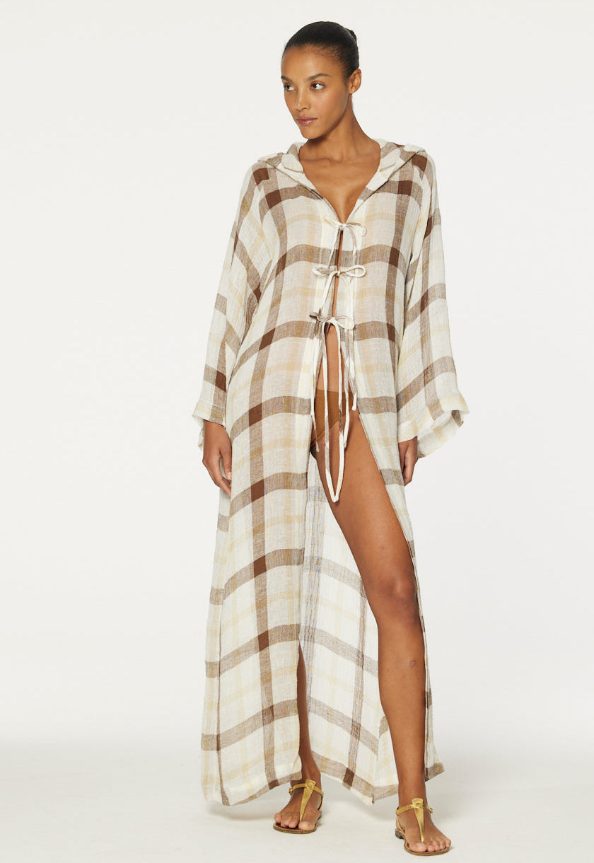 THE BEACH CAPE in CARAMEL WINDOWPANE GAUZE