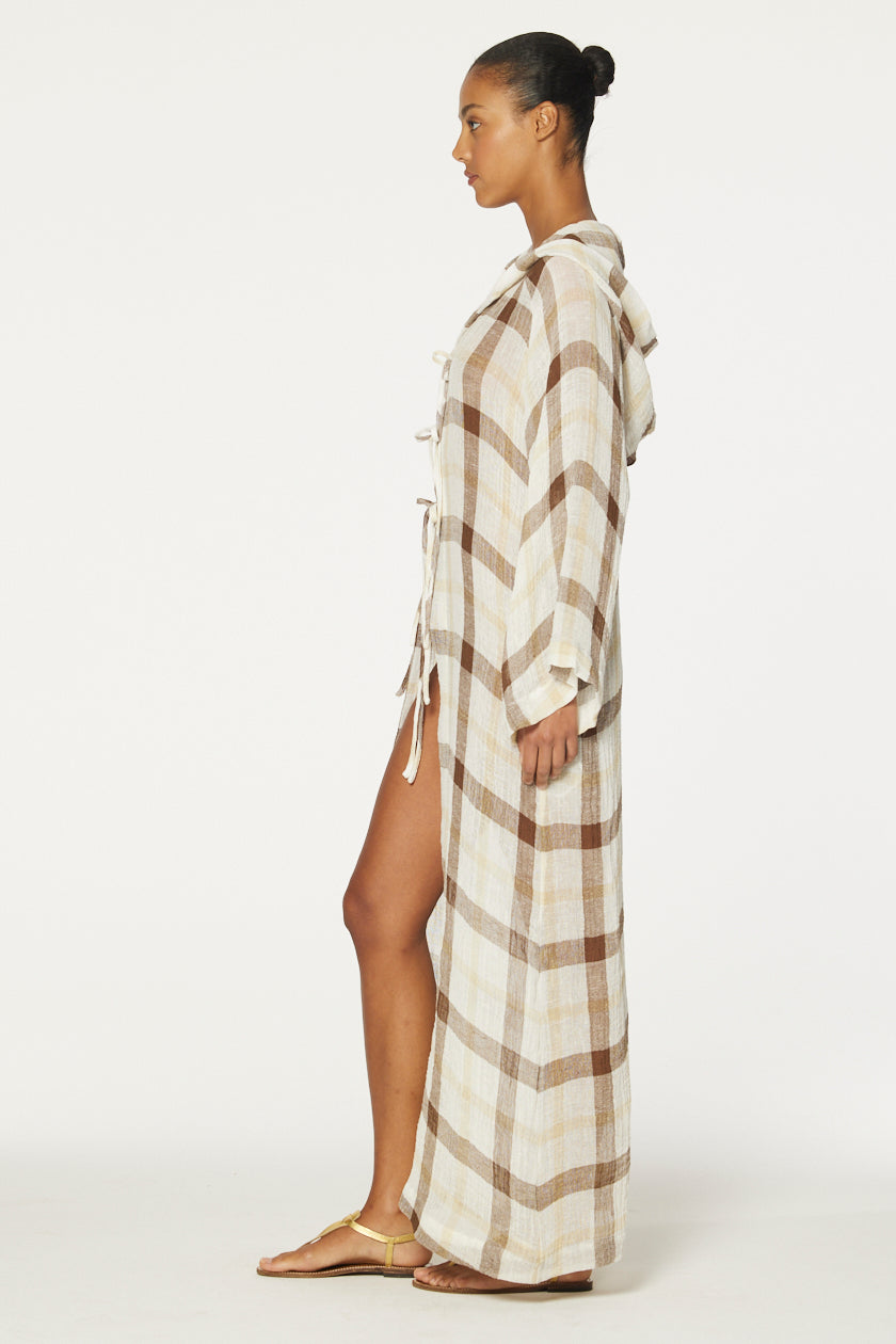 THE BEACH CAPE in CARAMEL WINDOWPANE GAUZE