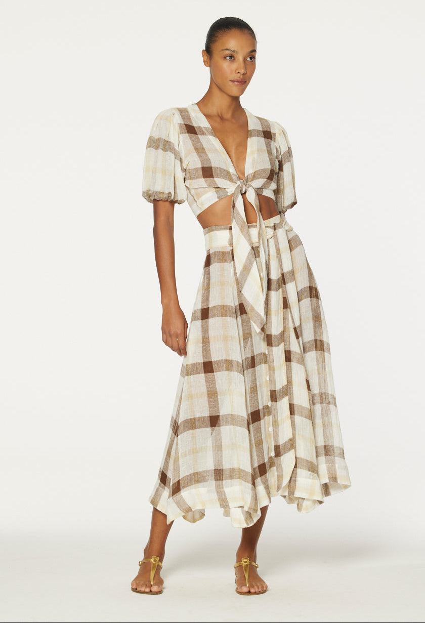 THE BEACH SKIRT in CARAMEL WINDOWPANE GAUZE