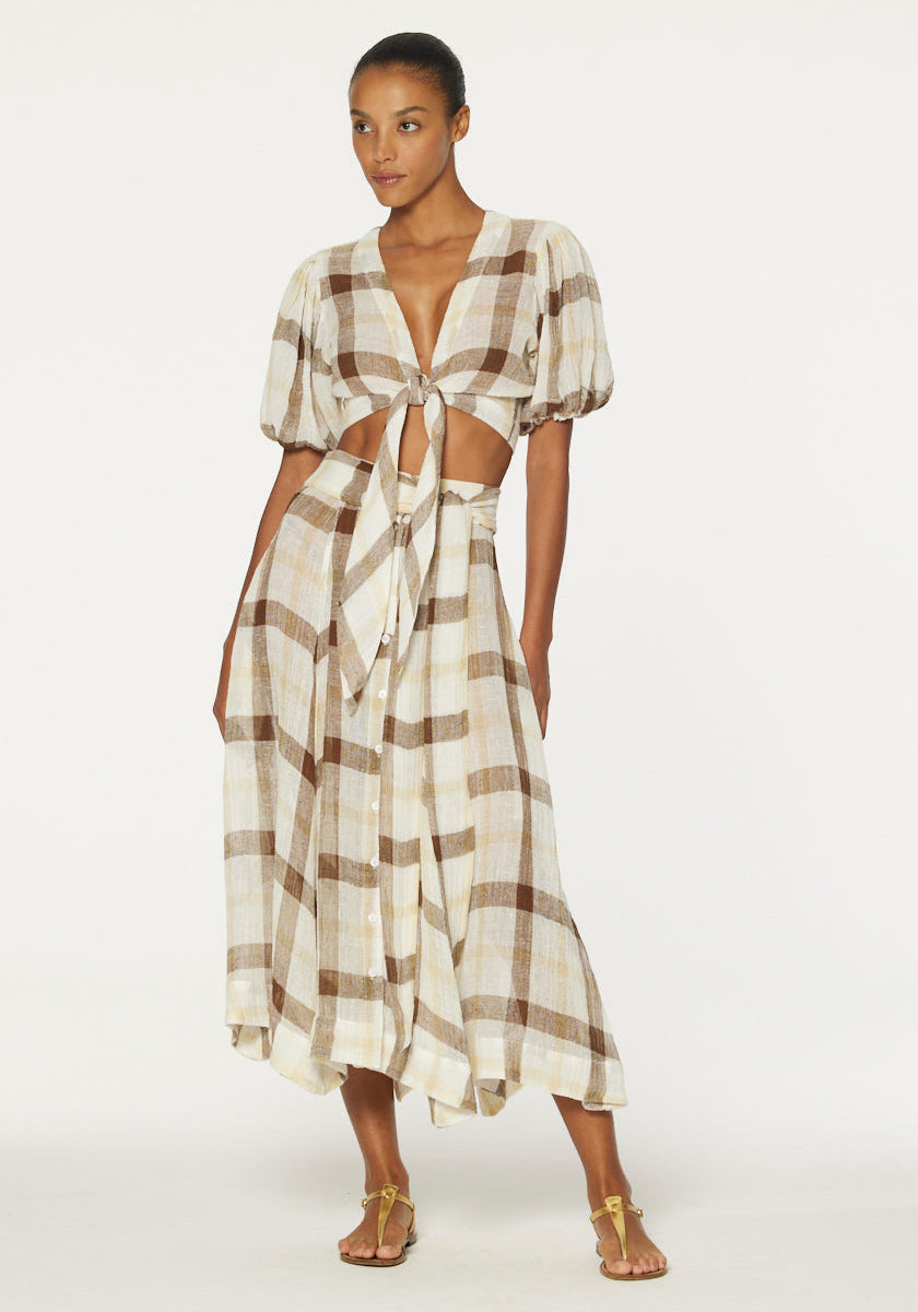 THE BEACH SKIRT in CARAMEL WINDOWPANE GAUZE