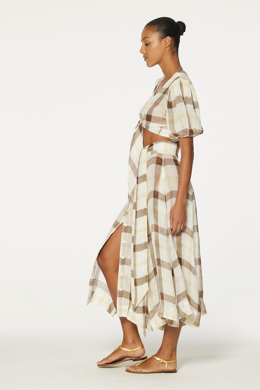 THE BEACH SKIRT in CARAMEL WINDOWPANE GAUZE