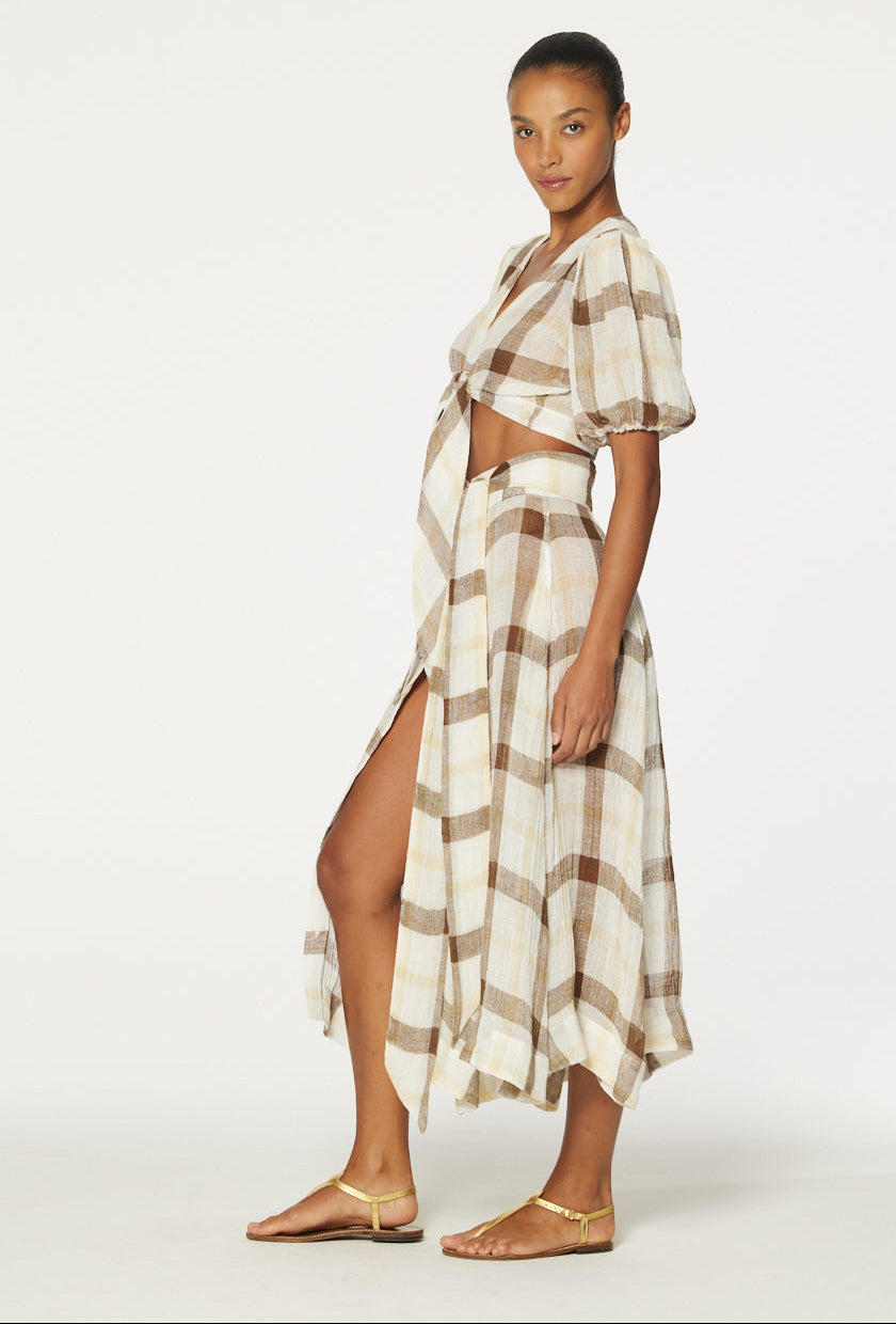 THE BEACH SKIRT in CARAMEL WINDOWPANE GAUZE