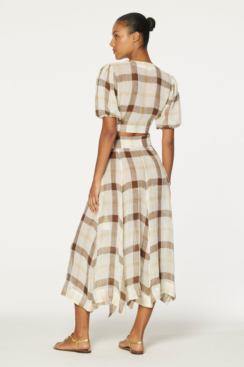 THE BEACH SKIRT in CARAMEL WINDOWPANE GAUZE