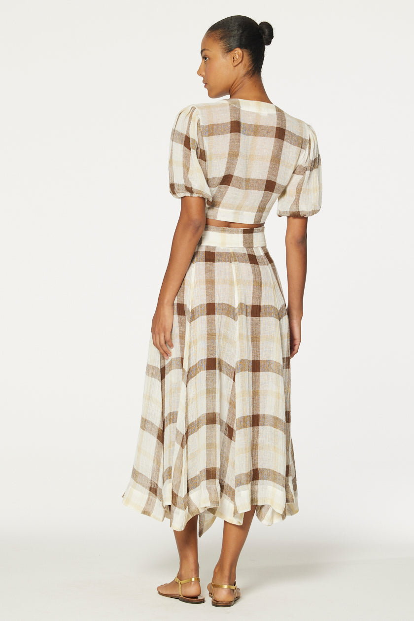 THE BEACH SKIRT in CARAMEL WINDOWPANE GAUZE