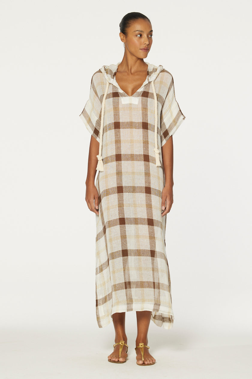THE DRAWSTRING HOODED CAFTAN in CARAMEL WINDOWPANE GAUZE