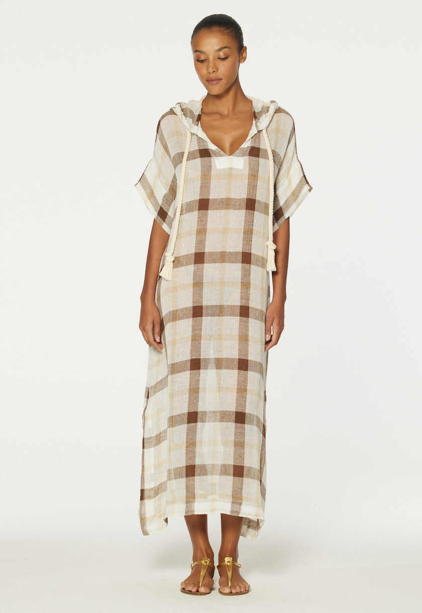 THE DRAWSTRING HOODED CAFTAN in CARAMEL WINDOWPANE GAUZE