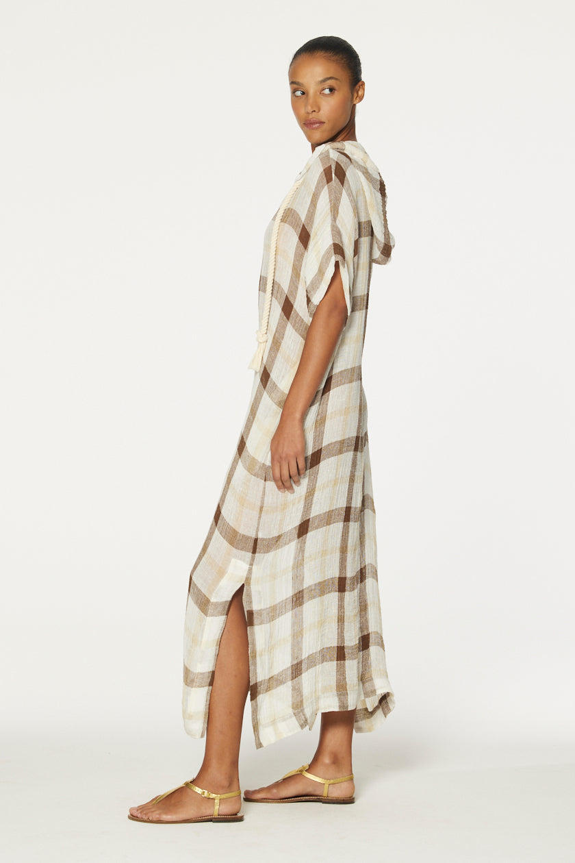 THE DRAWSTRING HOODED CAFTAN in CARAMEL WINDOWPANE GAUZE