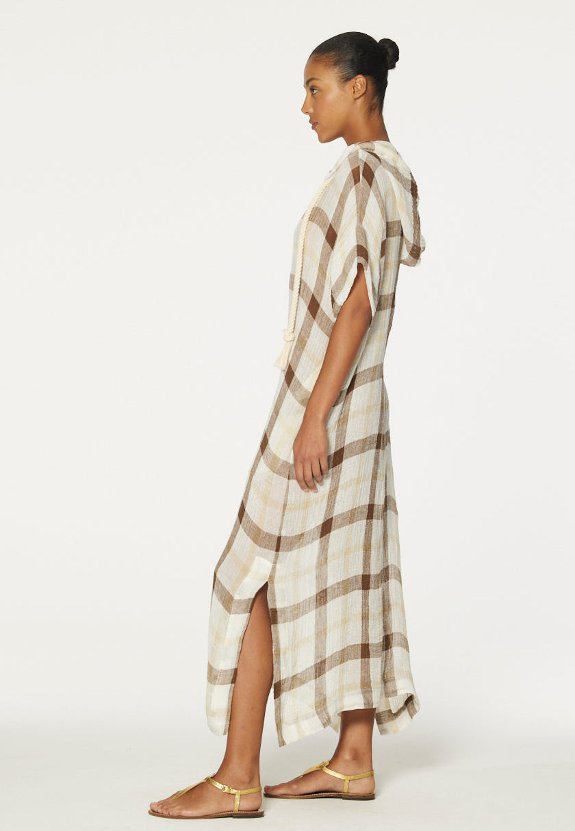 THE DRAWSTRING HOODED CAFTAN in CARAMEL WINDOWPANE GAUZE