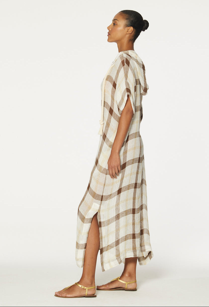THE DRAWSTRING HOODED CAFTAN in CARAMEL WINDOWPANE GAUZE