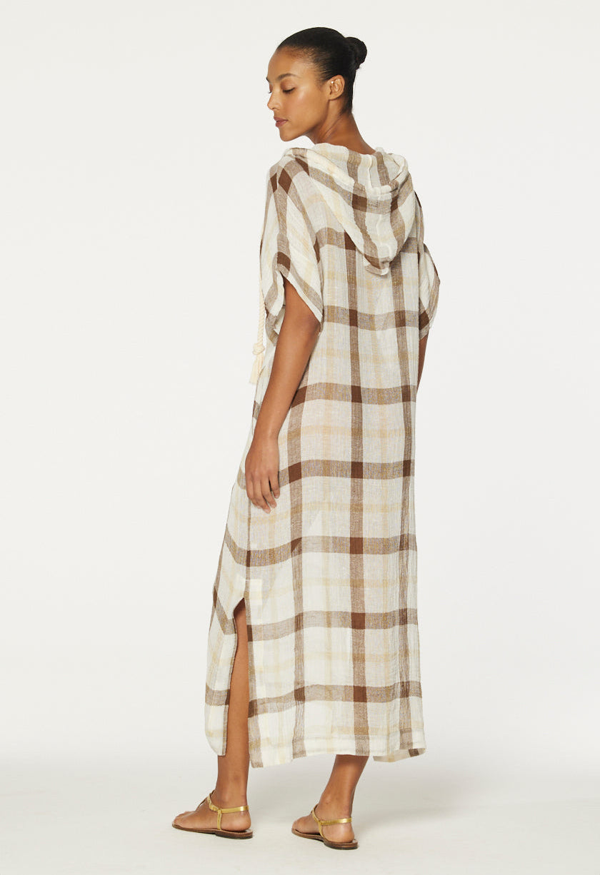 THE DRAWSTRING HOODED CAFTAN in CARAMEL WINDOWPANE GAUZE