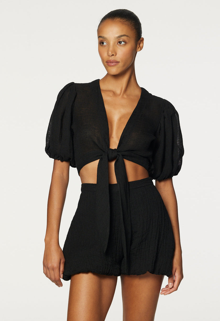 THE POUF TIE BLOUSE in BLACK GAUZE*