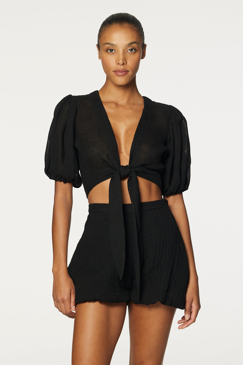 THE POUF TIE BLOUSE in BLACK GAUZE*