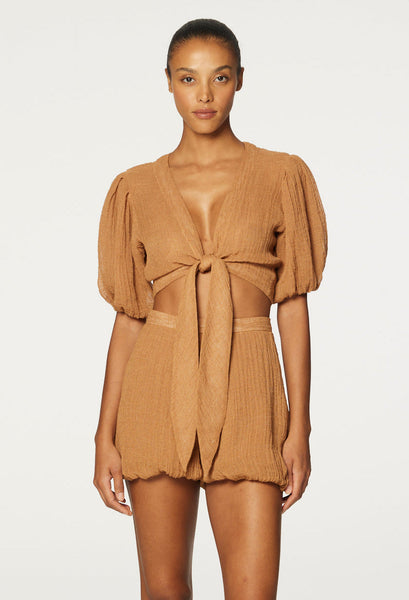 THE POUF TIE BLOUSE in CARAMEL SORRENTO GAUZE