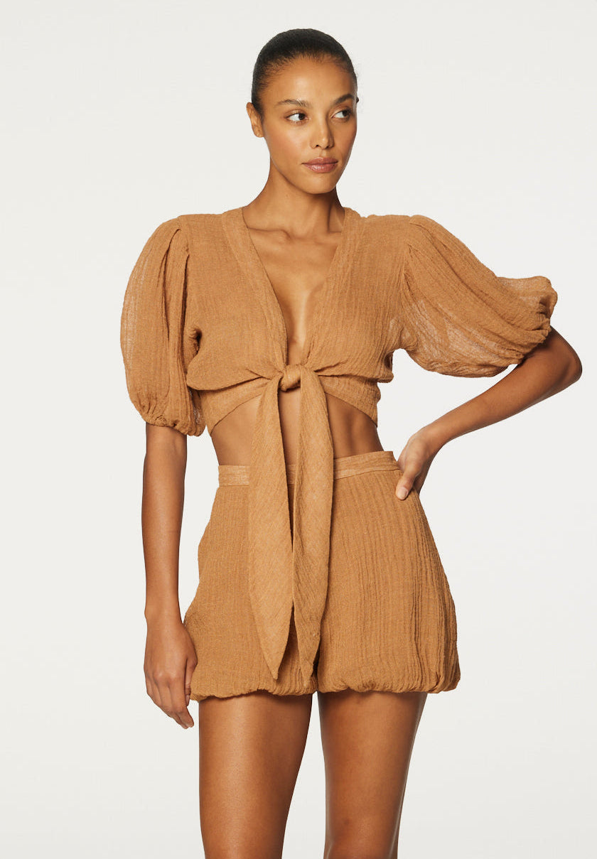 THE POUF TIE BLOUSE in CARAMEL SORRENTO GAUZE