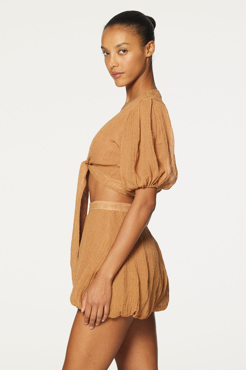 THE POUF TIE BLOUSE in CARAMEL SORRENTO GAUZE