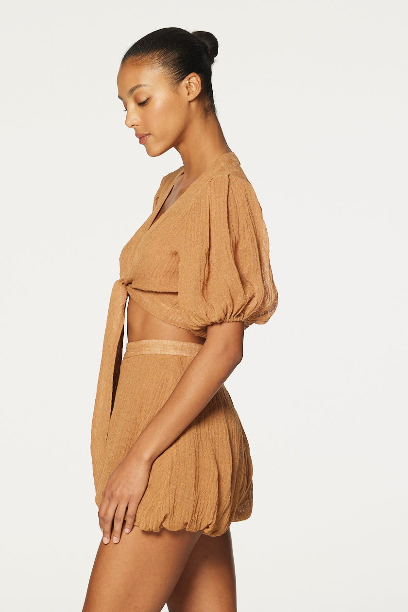 THE POUF TIE BLOUSE in CARAMEL SORRENTO GAUZE