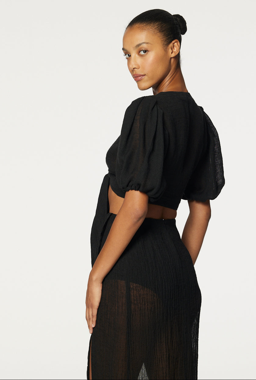 THE POUF TIE BLOUSE in BLACK GAUZE
