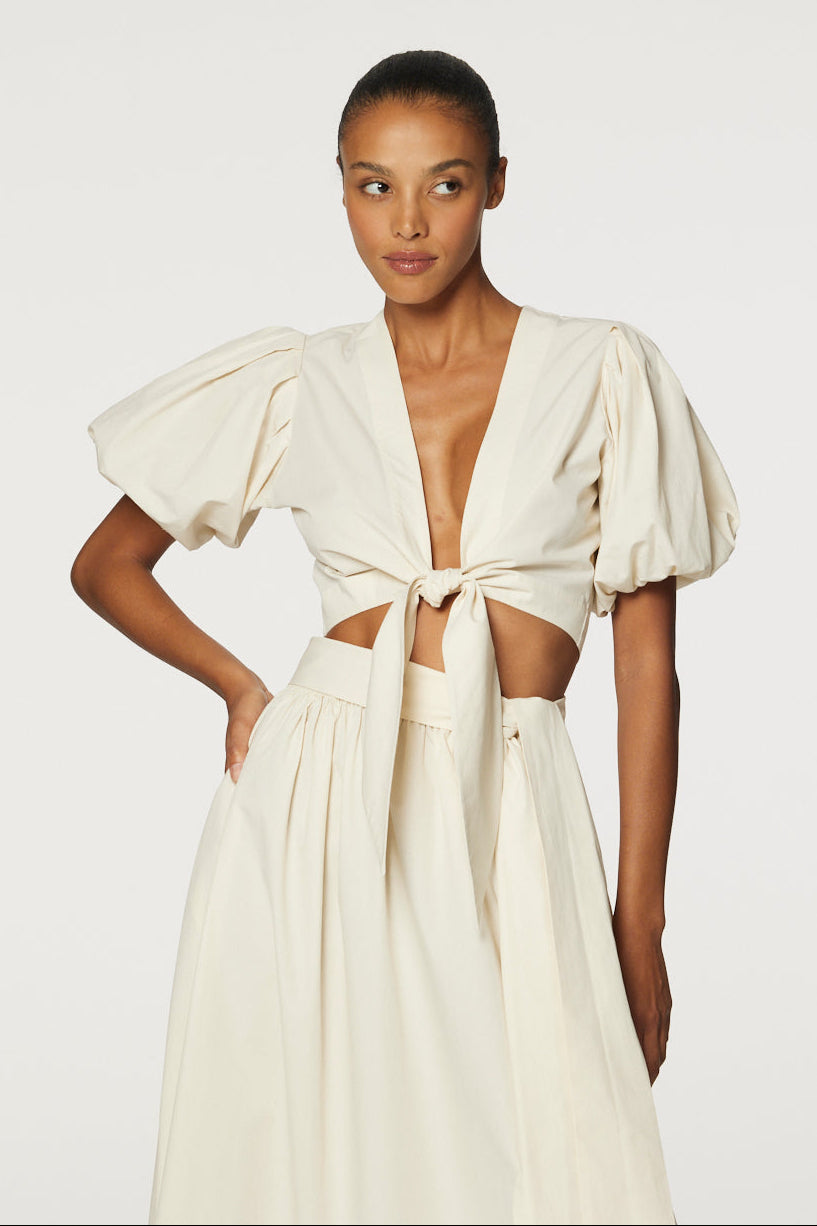 THE POUF TIE BLOUSE in NATURAL COTTON POPLIN