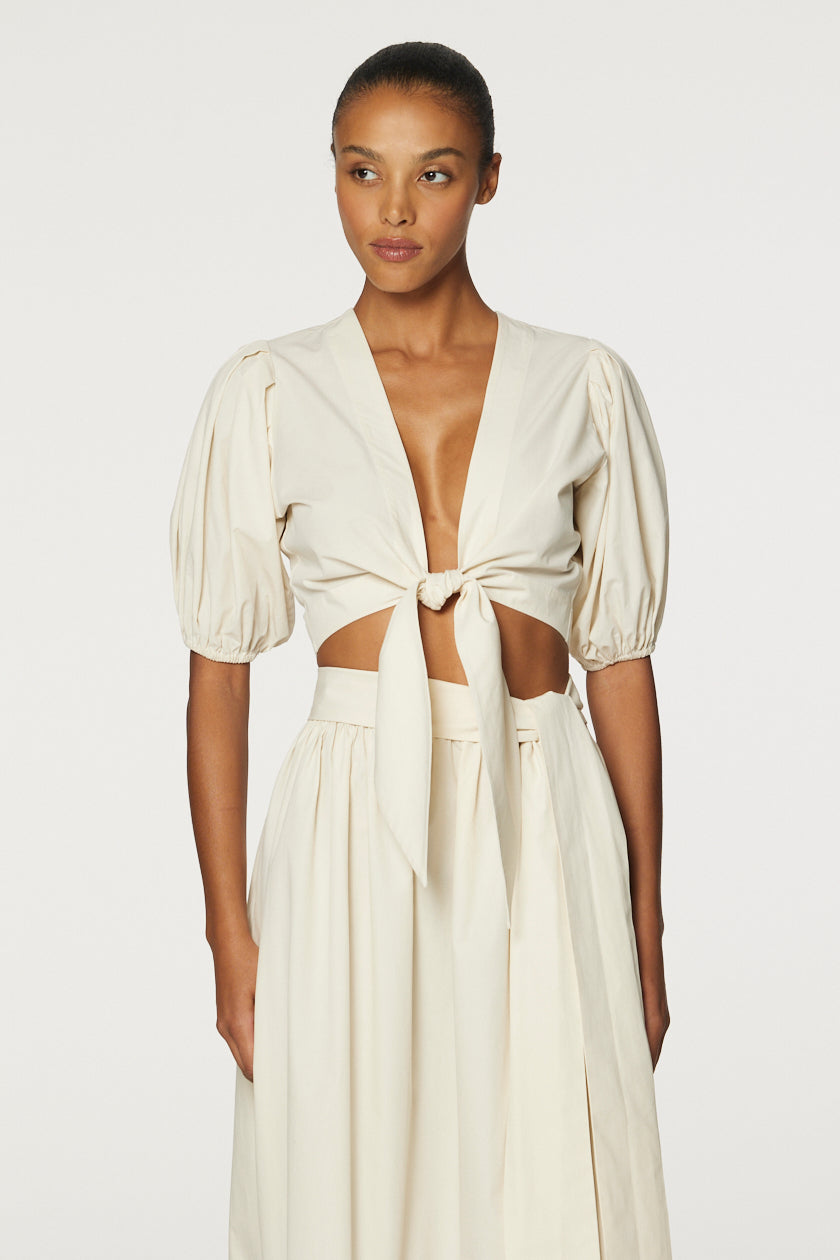 THE POUF TIE BLOUSE in NATURAL COTTON POPLIN