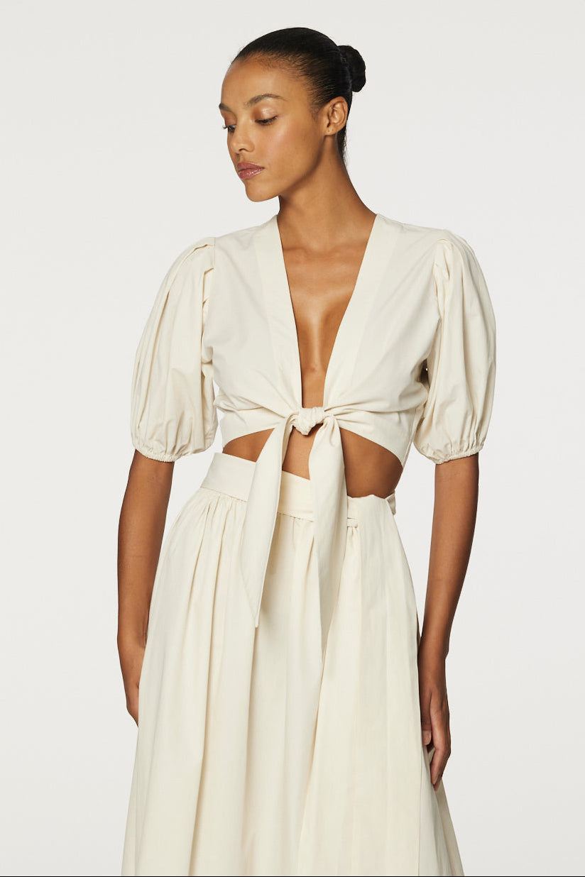 THE POUF TIE BLOUSE in NATURAL COTTON POPLIN