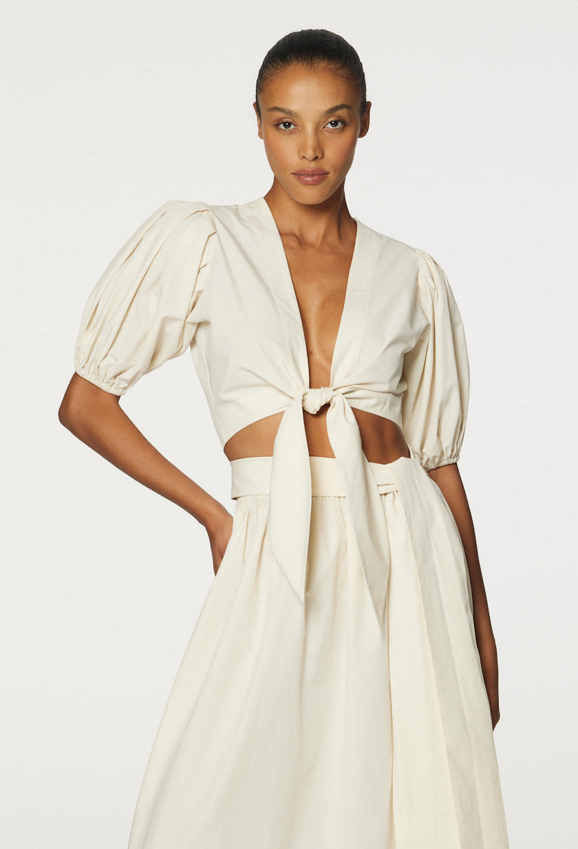 THE POUF TIE BLOUSE in NATURAL COTTON POPLIN