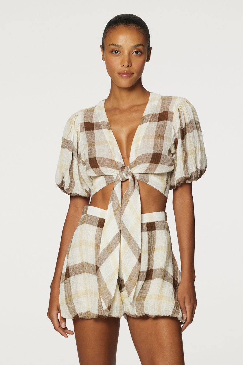 THE POUF SHORT in CARAMEL WINDOWPANE GAUZE