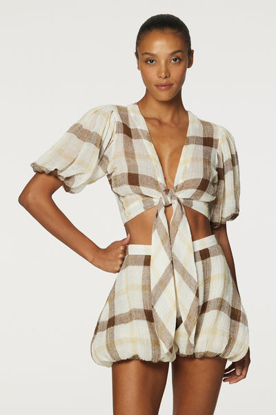 THE POUF TIE BLOUSE in CARAMEL WINDOWPANE GAUZE