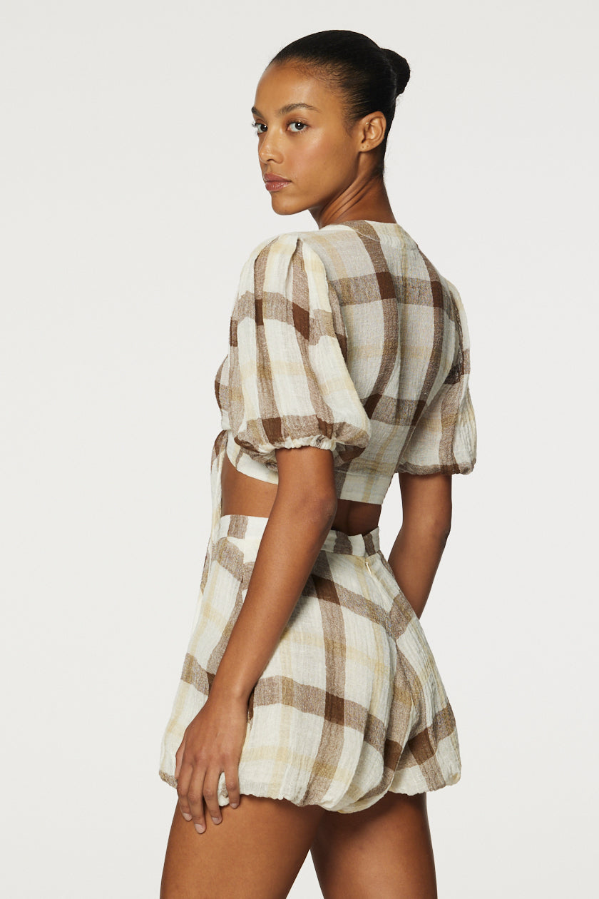 THE POUF SHORT in CARAMEL WINDOWPANE GAUZE