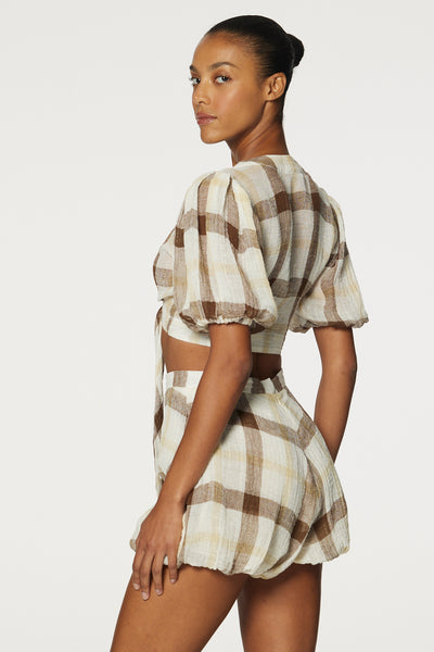 THE POUF TIE BLOUSE in CARAMEL WINDOWPANE GAUZE