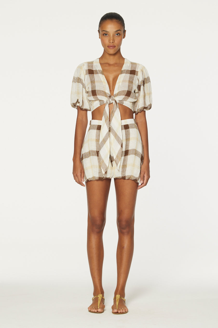 THE POUF SHORT in CARAMEL WINDOWPANE GAUZE