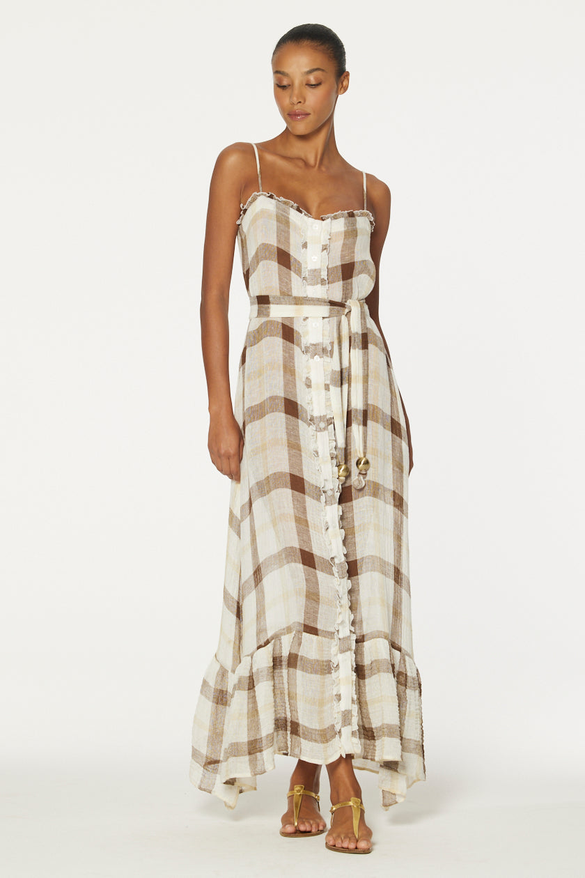 THE RUFFLE SLIP DRESS in CARAMEL WINDOWPANE GAUZE
