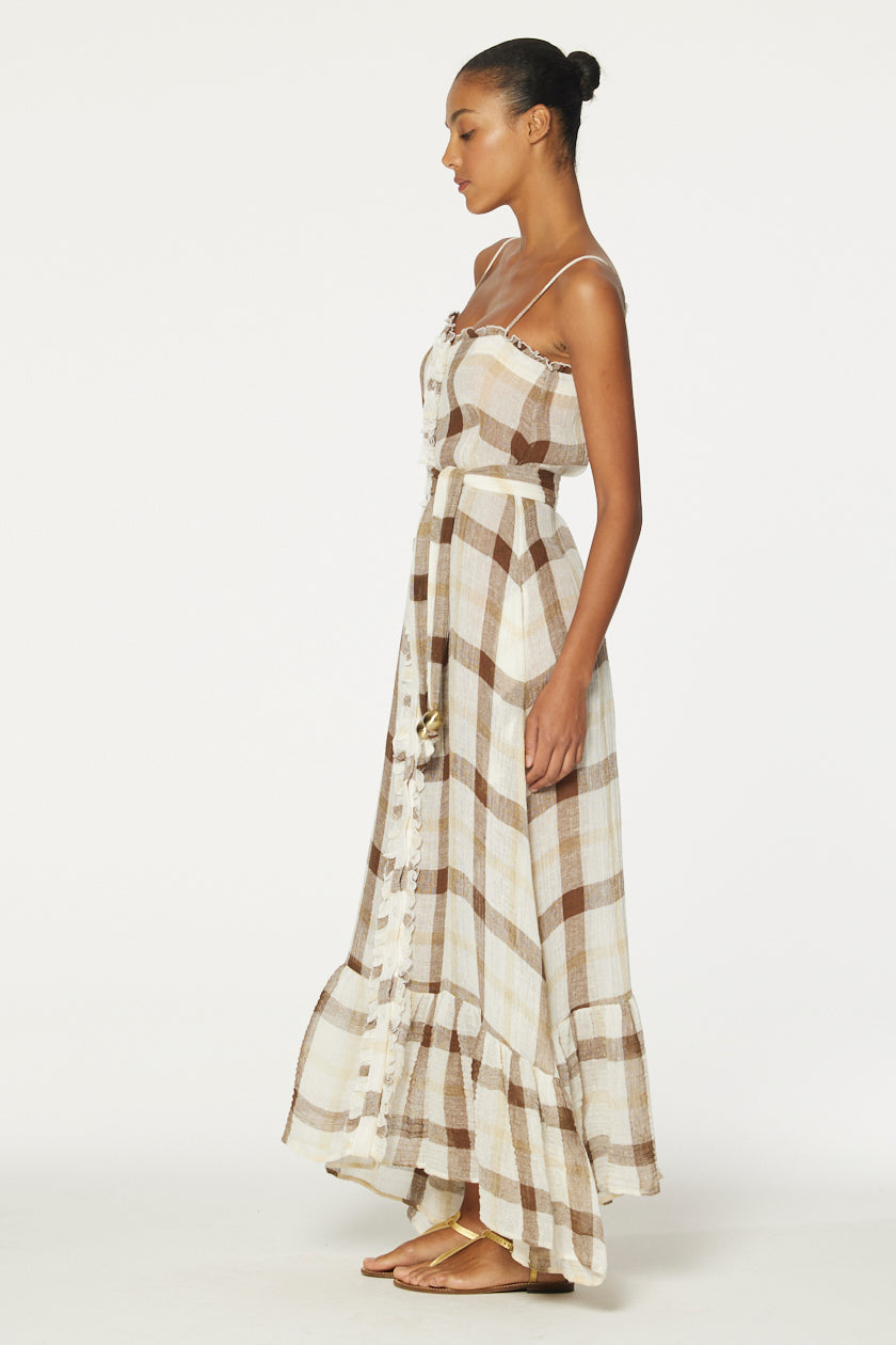 THE RUFFLE SLIP DRESS in CARAMEL WINDOWPANE GAUZE