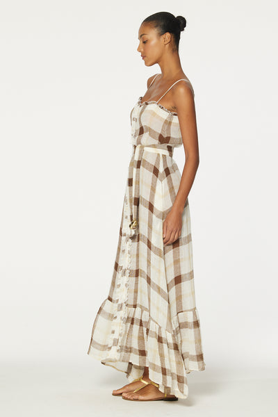 THE RUFFLE SLIP DRESS in CARAMEL WINDOWPANE GAUZE