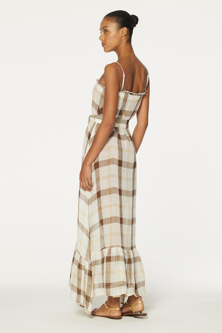 THE RUFFLE SLIP DRESS in CARAMEL WINDOWPANE GAUZE