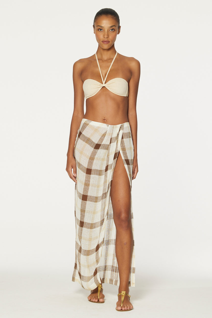 THE SARONG SKIRT in CARAMEL WINDOWPANE GAUZE