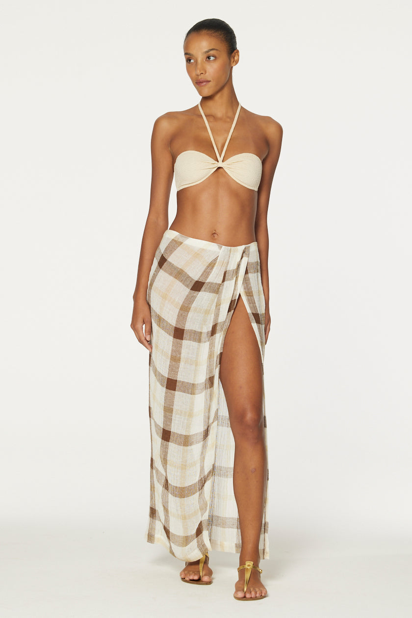THE SARONG SKIRT in CARAMEL WINDOWPANE GAUZE