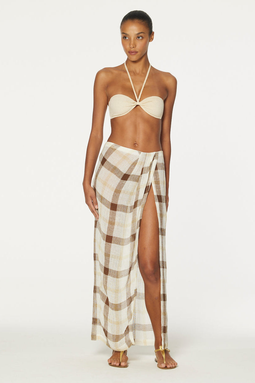 THE SARONG SKIRT in CARAMEL WINDOWPANE GAUZE
