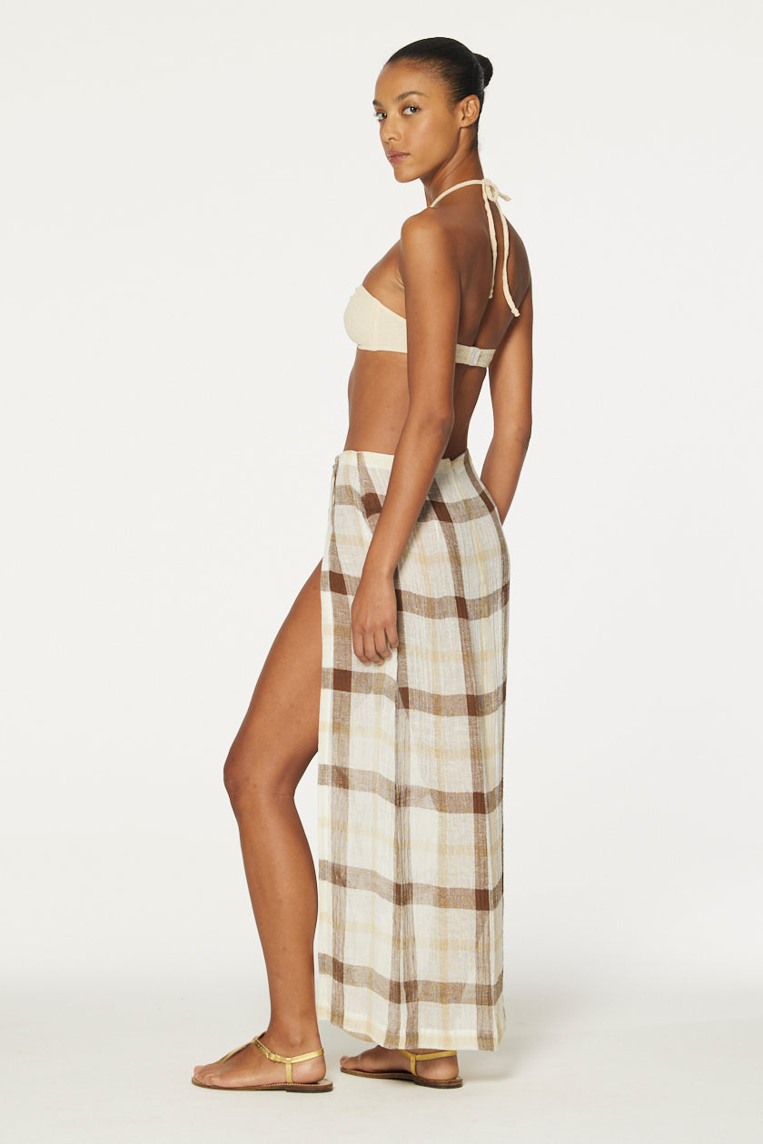 THE SARONG SKIRT in CARAMEL WINDOWPANE GAUZE