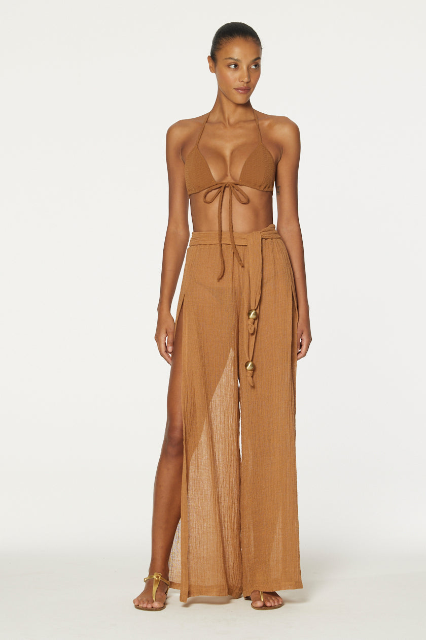THE WIDE LEG OPEN-SIDE PANT in CARAMEL SORRENTO GAUZE